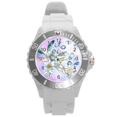 Funny, Cute Frog With Waterlily And Leaves Round Plastic Sport Watch (l) by FantasyWorld7