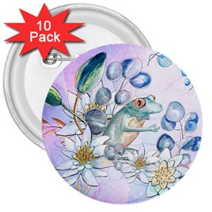 Funny, Cute Frog With Waterlily And Leaves 3  Buttons (10 Pack)  by FantasyWorld7