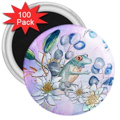 Funny, Cute Frog With Waterlily And Leaves 3  Magnets (100 Pack) by FantasyWorld7