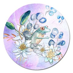 Funny, Cute Frog With Waterlily And Leaves Magnet 5  (round) by FantasyWorld7