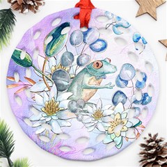 Funny, Cute Frog With Waterlily And Leaves Ornament (round Filigree) by FantasyWorld7