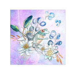 Funny, Cute Frog With Waterlily And Leaves Small Satin Scarf (square)  by FantasyWorld7