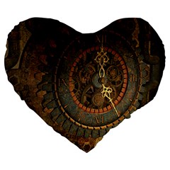 Steampunk, Awesoeme Clock, Rusty Metal Large 19  Premium Heart Shape Cushions by FantasyWorld7