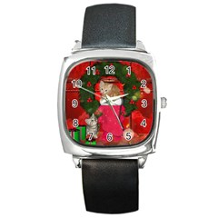 Christmas, Funny Kitten With Gifts Square Metal Watch by FantasyWorld7