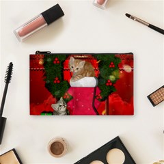 Christmas, Funny Kitten With Gifts Cosmetic Bag (small)  by FantasyWorld7