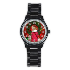 Christmas, Funny Kitten With Gifts Stainless Steel Round Watch by FantasyWorld7