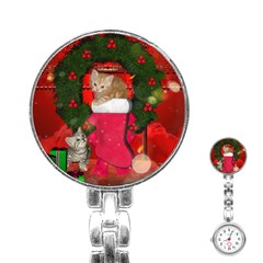 Christmas, Funny Kitten With Gifts Stainless Steel Nurses Watch by FantasyWorld7