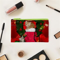 Christmas, Funny Kitten With Gifts Cosmetic Bag (xs) by FantasyWorld7