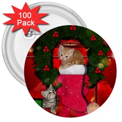 Christmas, Funny Kitten With Gifts 3  Buttons (100 Pack)  by FantasyWorld7