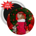 Christmas, Funny Kitten With Gifts 3  Magnets (100 pack) Front