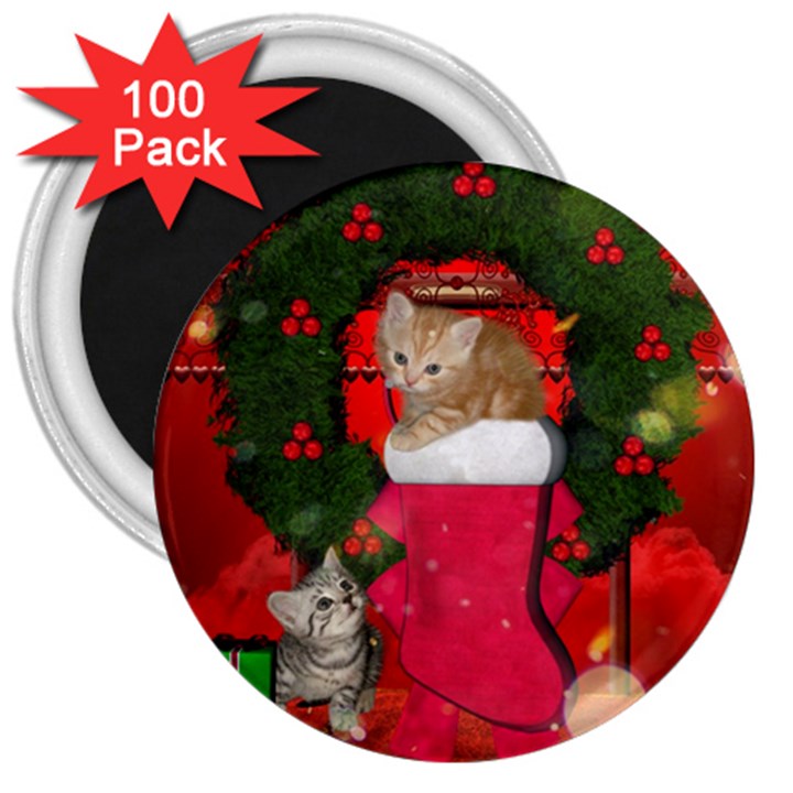 Christmas, Funny Kitten With Gifts 3  Magnets (100 pack)