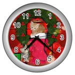 Christmas, Funny Kitten With Gifts Wall Clocks (Silver)  Front