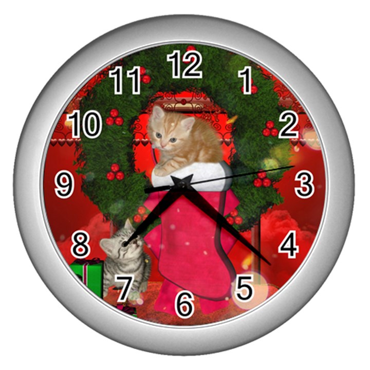 Christmas, Funny Kitten With Gifts Wall Clocks (Silver) 