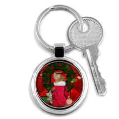 Christmas, Funny Kitten With Gifts Key Chains (round)  by FantasyWorld7