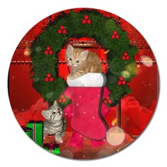 Christmas, Funny Kitten With Gifts Magnet 5  (round) by FantasyWorld7