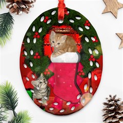 Christmas, Funny Kitten With Gifts Ornament (oval Filigree) by FantasyWorld7