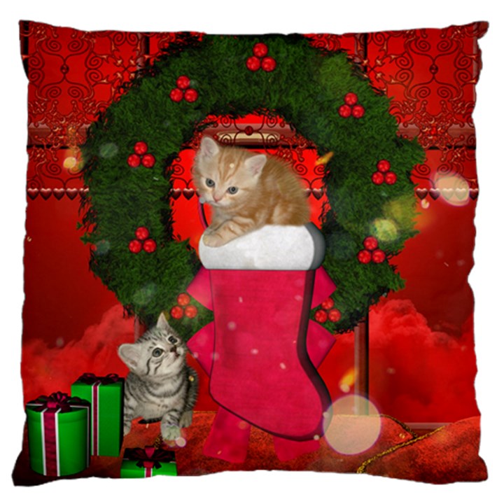 Christmas, Funny Kitten With Gifts Large Flano Cushion Case (One Side)