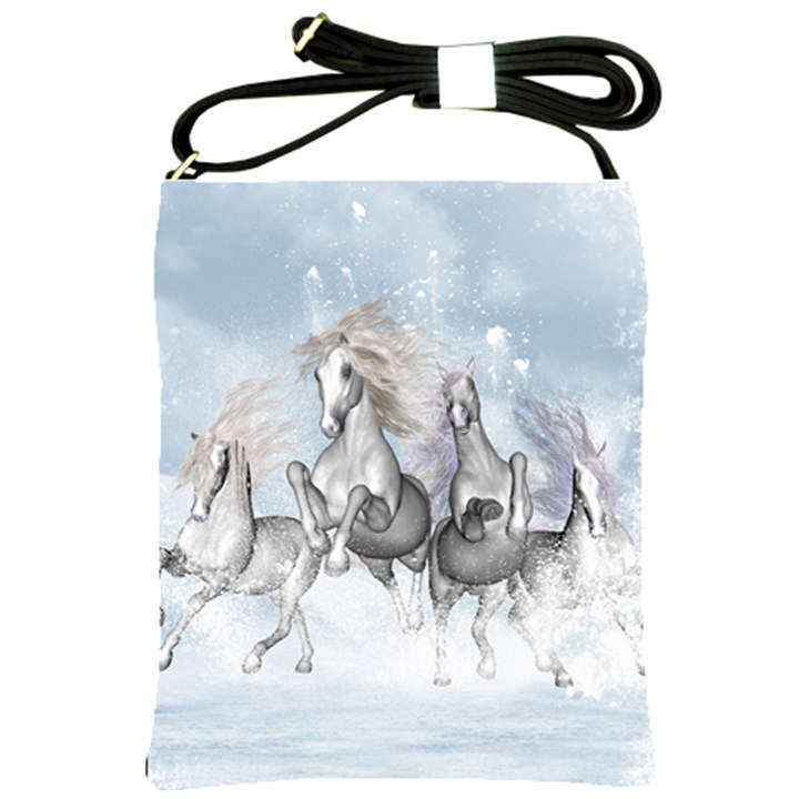 Awesome Running Horses In The Snow Shoulder Sling Bags