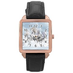 Awesome Running Horses In The Snow Rose Gold Leather Watch  by FantasyWorld7