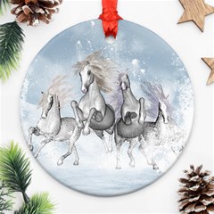 Awesome Running Horses In The Snow Ornament (round) by FantasyWorld7