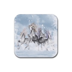 Awesome Running Horses In The Snow Rubber Coaster (square)  by FantasyWorld7