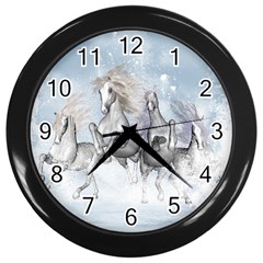 Awesome Running Horses In The Snow Wall Clocks (black) by FantasyWorld7