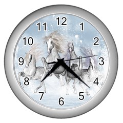 Awesome Running Horses In The Snow Wall Clocks (silver)  by FantasyWorld7