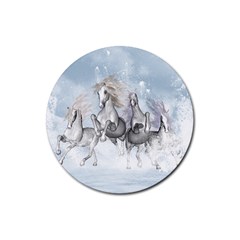 Awesome Running Horses In The Snow Rubber Coaster (round)  by FantasyWorld7