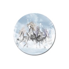 Awesome Running Horses In The Snow Magnet 3  (round) by FantasyWorld7