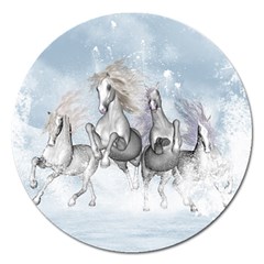 Awesome Running Horses In The Snow Magnet 5  (round) by FantasyWorld7