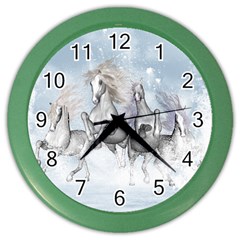 Awesome Running Horses In The Snow Color Wall Clocks by FantasyWorld7