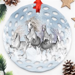 Awesome Running Horses In The Snow Round Filigree Ornament (two Sides) by FantasyWorld7