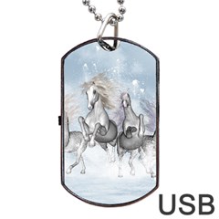 Awesome Running Horses In The Snow Dog Tag Usb Flash (one Side) by FantasyWorld7