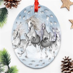 Awesome Running Horses In The Snow Ornament (oval Filigree) by FantasyWorld7