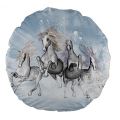 Awesome Running Horses In The Snow Large 18  Premium Round Cushions by FantasyWorld7