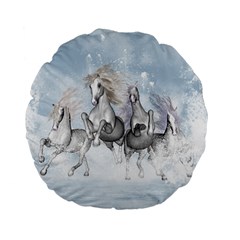 Awesome Running Horses In The Snow Standard 15  Premium Flano Round Cushions by FantasyWorld7