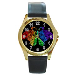 Rainbow Butterfly  Round Gold Metal Watch by Valentinaart