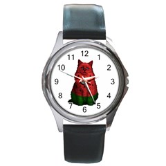 Watermelon Cat Round Metal Watch by Valentinaart