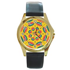 Textured Tropical Mandala Round Gold Metal Watch by linceazul