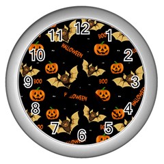 Bat, Pumpkin And Spider Pattern Wall Clocks (silver)  by Valentinaart