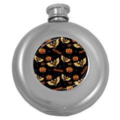 Bat, Pumpkin And Spider Pattern Round Hip Flask (5 Oz) by Valentinaart