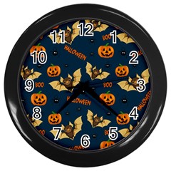 Bat, Pumpkin And Spider Pattern Wall Clocks (black) by Valentinaart