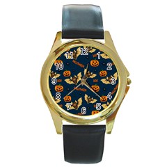 Bat, pumpkin and spider pattern Round Gold Metal Watch