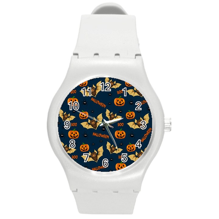 Bat, pumpkin and spider pattern Round Plastic Sport Watch (M)