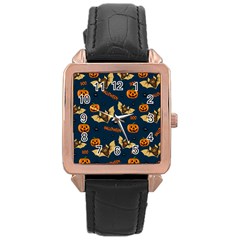 Bat, pumpkin and spider pattern Rose Gold Leather Watch 