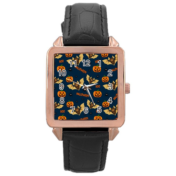 Bat, pumpkin and spider pattern Rose Gold Leather Watch 