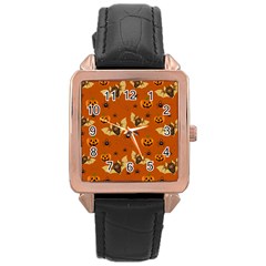 Bat, Pumpkin And Spider Pattern Rose Gold Leather Watch  by Valentinaart