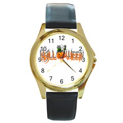 Halloween Round Gold Metal Watch by Valentinaart