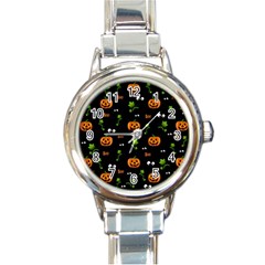 Pumpkins - Halloween Pattern Round Italian Charm Watch by Valentinaart