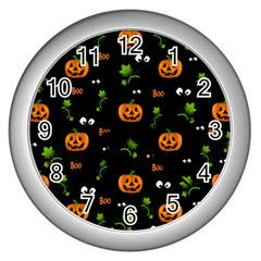 Pumpkins - Halloween Pattern Wall Clocks (silver)  by Valentinaart